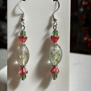 Artisan Handmade Wedding Cake Glass White Pink Beaded Pierced Earrings 2” NEW